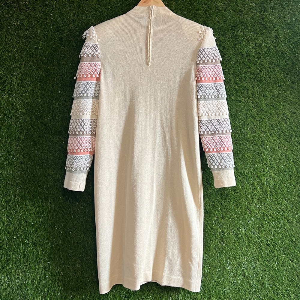 Unique Vintage Knit Dress Statement Sleeves Fringe Striped - Picture 6 of 8